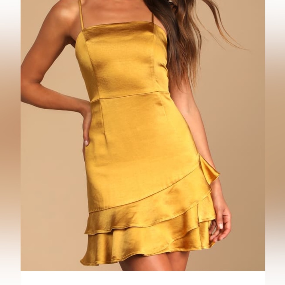 Lulus Dreams Come True Mustard Yellow Satin Ruffled Mini Dress mustard yellow